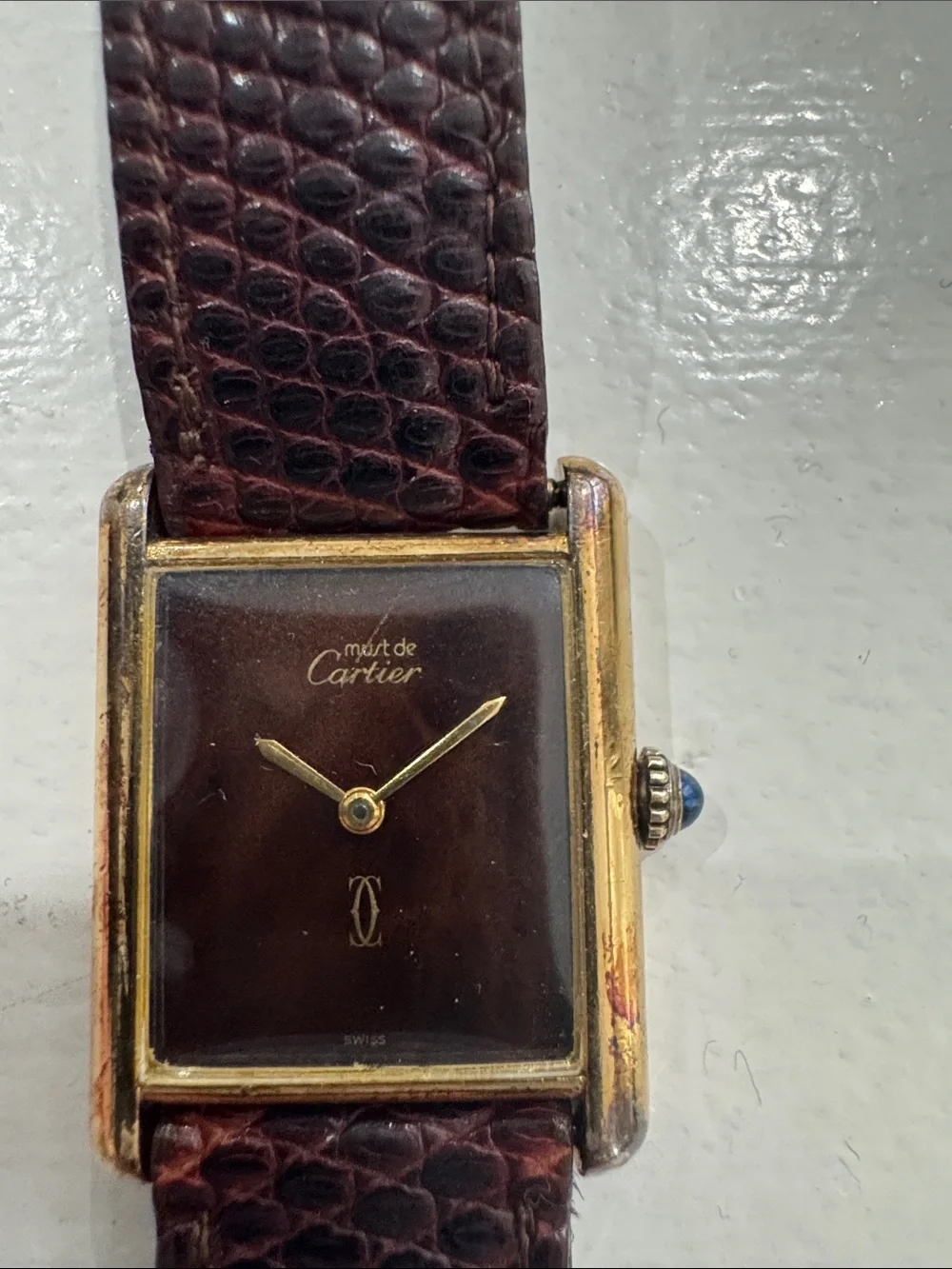 Cartier unisex Gold Tone Case Brown Dial Leather Strap Watch